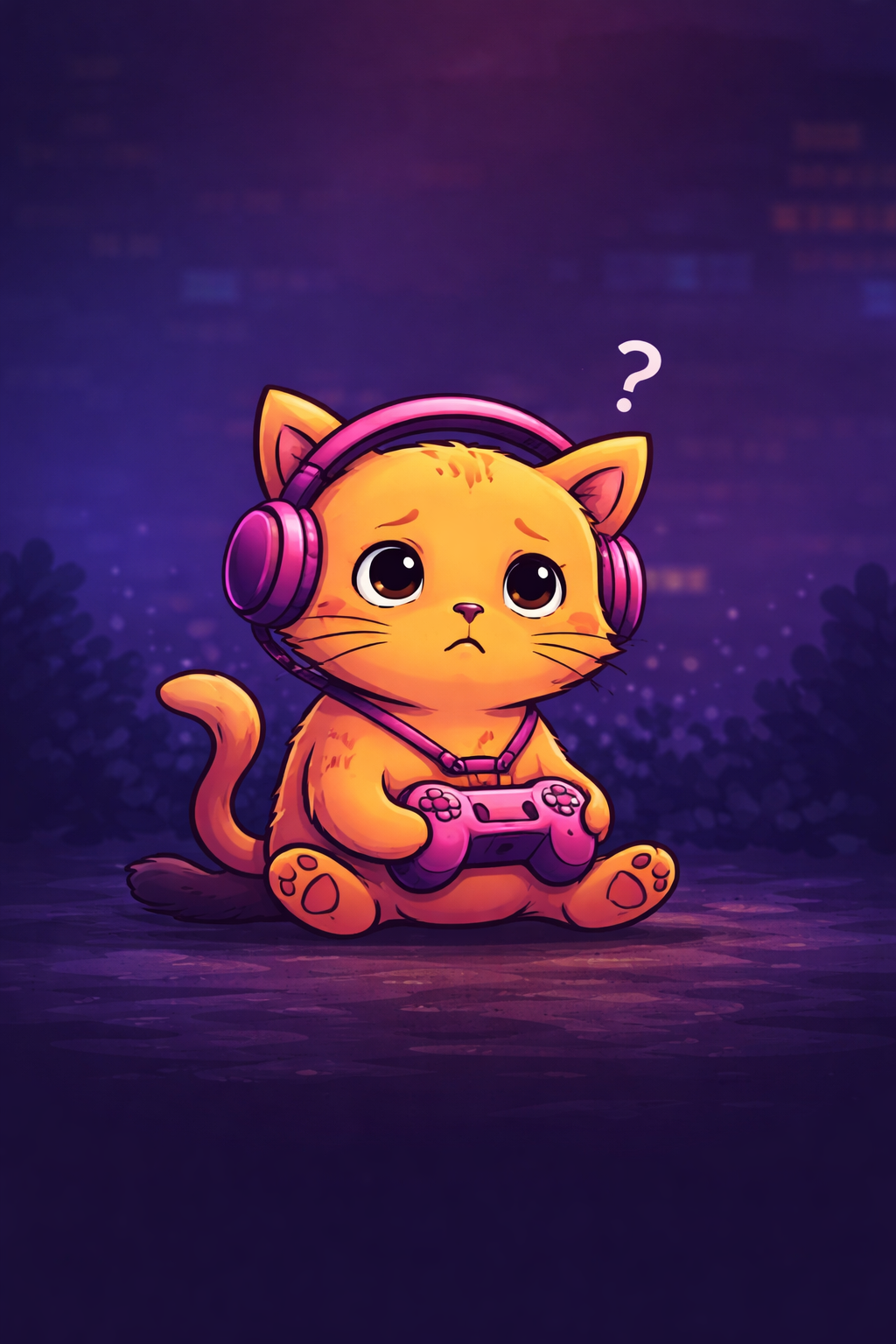 Cute cartoon gamer cat looking lost while holding a game controller